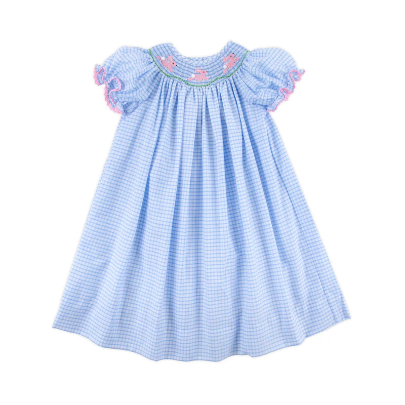 Bunny Smocked Light Blue Windowpane Bishop Dress | Classic Whimsy