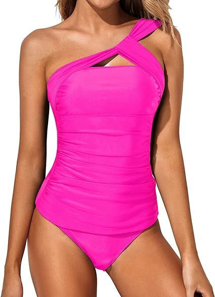 Tempt Me Two Piece Tankini Bathing Suits for Women One Shoulder Swim Top with Shorts Swimsuits | Amazon (US)