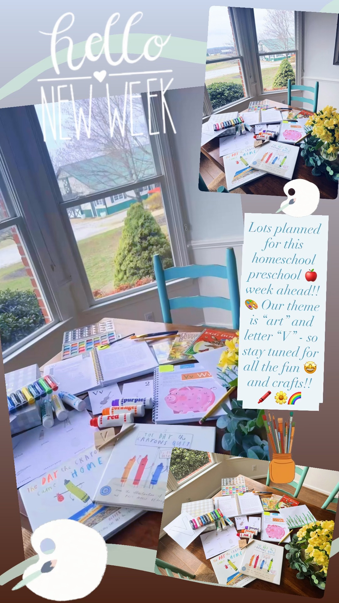 Lots planned for this homeschool preschool 🍎 week ahead!! 🎨 Our theme is “art” and letter “V” - so stay tuned for all the fun 🤩 and crafts!! 🖍️ 🌼🌈
