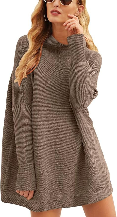 ANRABESS Women Casual Turtleneck Batwing Sleeve Slouchy Oversized Ribbed Knit Tunic Sweaters | Amazon (US)