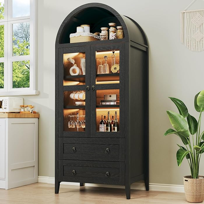 71" Tall Arched Kitchen Pantry, Arched Cabinet with LED Lights, Kitchen Storage Cabinets with 2 L... | Amazon (US)