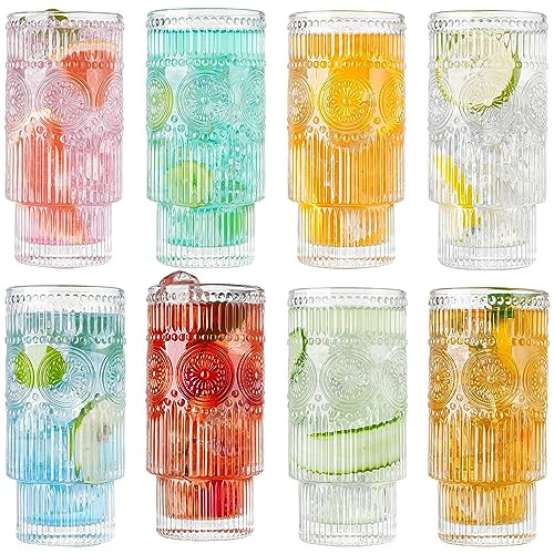 wookgreat Drinking Glasses, 8 pcs Embossed Designed Glass Cups, 16oz Highball Glasses, Ripple Vintage Glassware, Ribbed Glasses, Striped Glasses, Iced Coffee Glasses for Cocktail, Whiskey, Juice | Amazon (US)