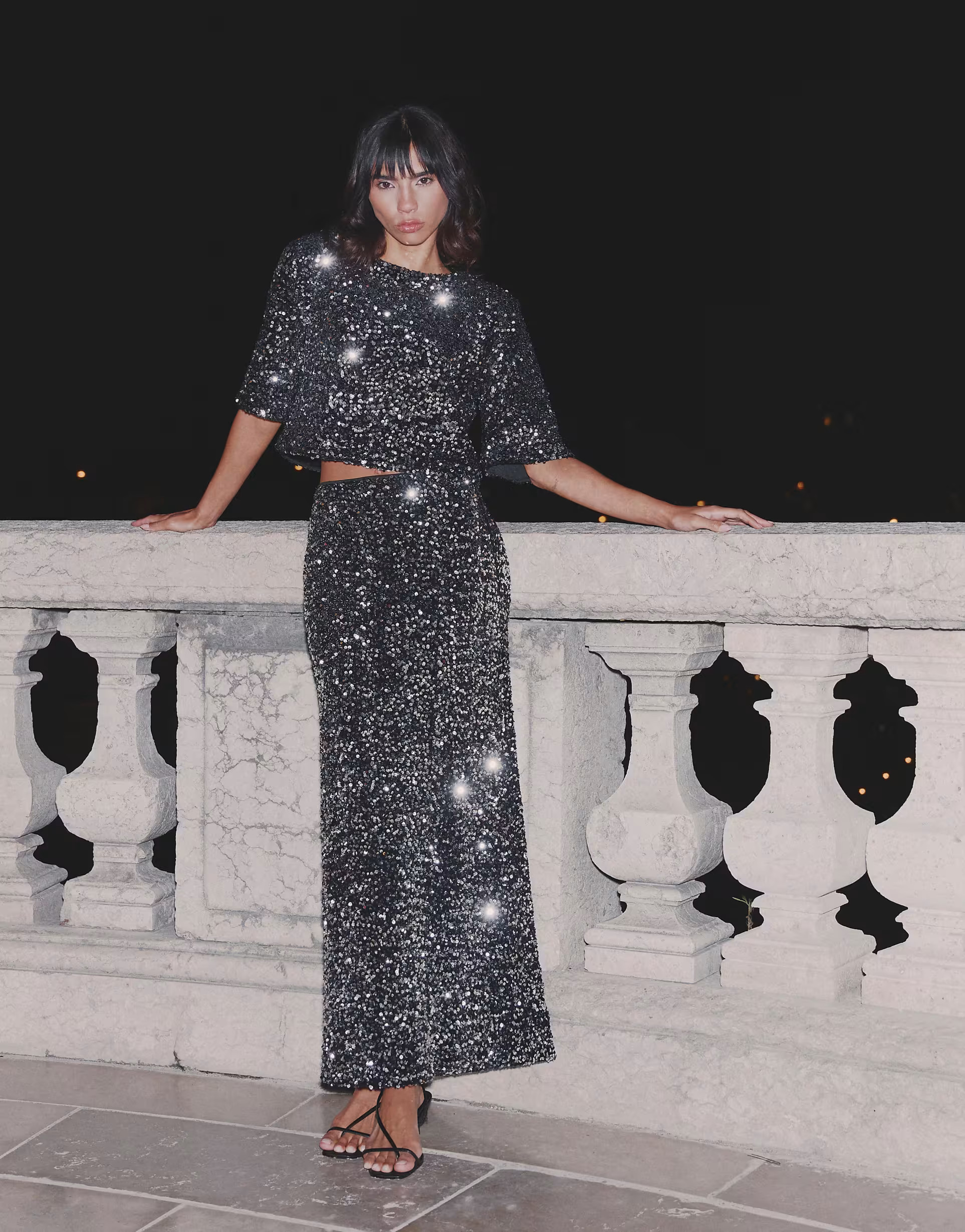 4th & Reckless sequin velvet column maxi skirt co-ord in black | ASOS (Global)