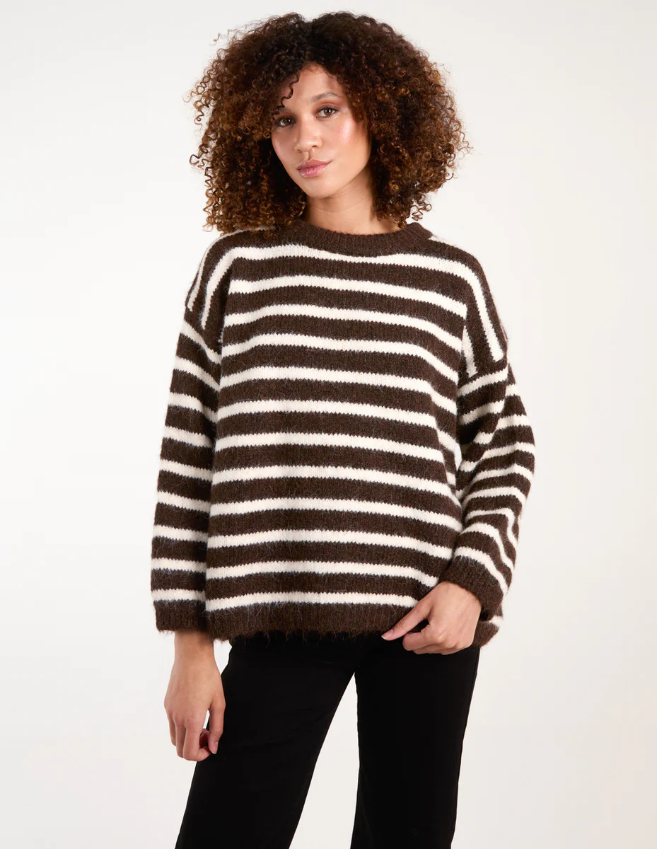 Chocolate | Soft Knit Round Neck Stripe Jumper | Blue Vanilla | Blue Vanilla