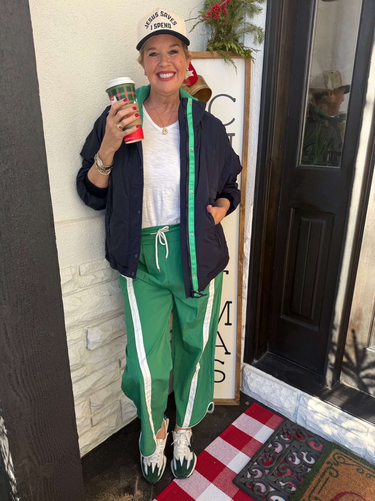 Easy, affordable and comfy
Outfit  perfect for travel, errands, sports games. 
Sporty. Casual and weekend perfect.

A great winter jacket you’ll wear all season long.. fleece lined med weight coat. Tts comes in several colors sizes from xsm to xxlg  tts in a med.

Green and white track type pants with elastic band tie detail
And has pockets. These are an inspired by pant. Tts 
In a med  

White v-neck  flowy tee a favorite of mine. Chicos tts in a small (0)

New balance 327 sneakers tts 

Jesus saves baseball cap by funky Junk 

Initial necklace Anthro 

Manufactured Diamond studs earrings 

All would be great gift ideas

#LTKdayinmylife #LTKootd #LTKOver40