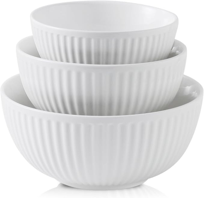 Hasense Ceramic Mixing Bowls of 3, Large Ribbed Nesting White Bowls 1.5/1/0.5 Qt For Kitchen, Coo... | Amazon (US)