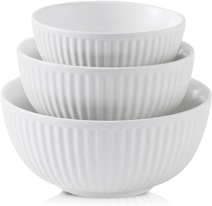Hasense Ceramic Mixing Bowls of 3, Large Ribbed Nesting White Bowls 1.5/1/0.5 Qt For Kitchen, Coo... | Amazon (US)