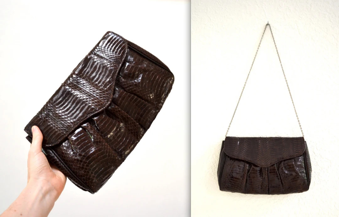 70s 80s Vintage Brown Leather Clutch Snakeskin Python// Brown Patent Leather Snake Skin Bag Purse... | Etsy (US)