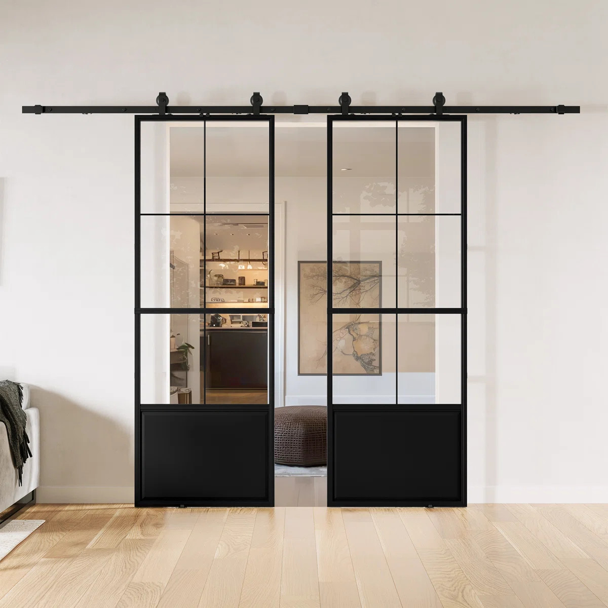 Metal and Glass Double Barn Doors with Hardware Kit (Soft-close Included) | Wayfair North America