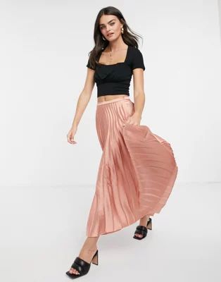 ASOS DESIGN satin pleated midi skirt in pink | ASOS (Global)