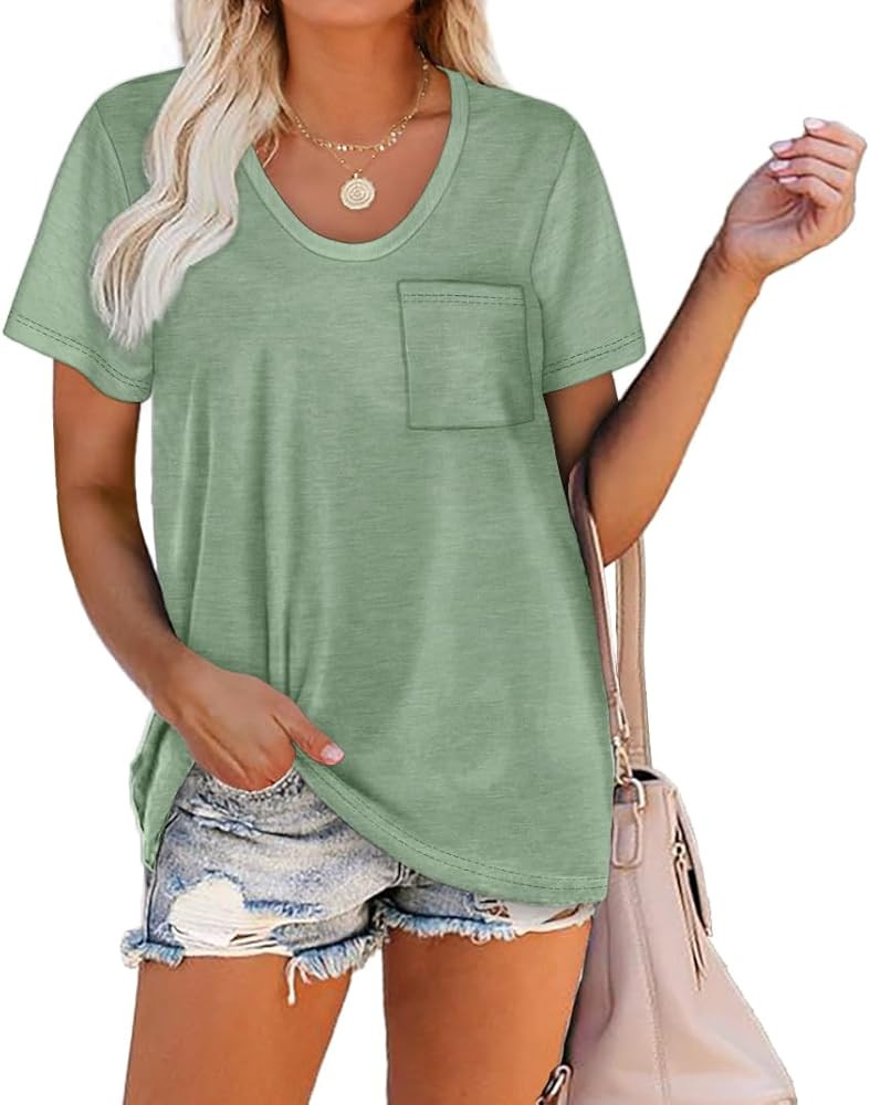 WIHOLL Women Summer T Shirts Short Sleeve Rounded V Neck Pocket Tee Tops | Amazon (US)