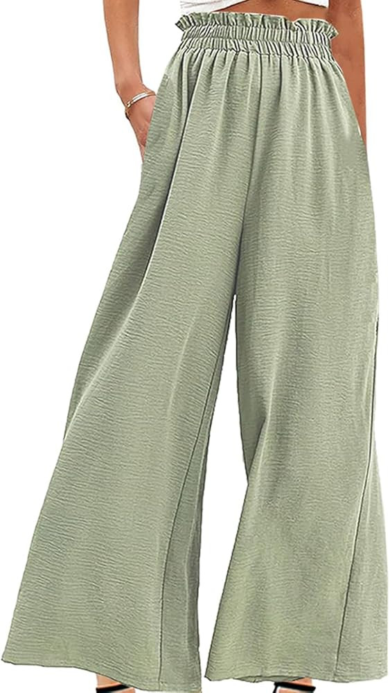 Pasgreson Women's Casual Wide Leg Pants Flowy Ruffle Elastic Drawstring Waist Beach Palazzo Loose... | Amazon (US)