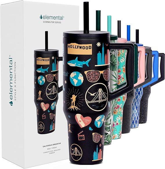 Elemental 40 oz Tumbler with Handle and Straw - Spill Proof Insulated Stainless Steel Commuter fo... | Amazon (US)