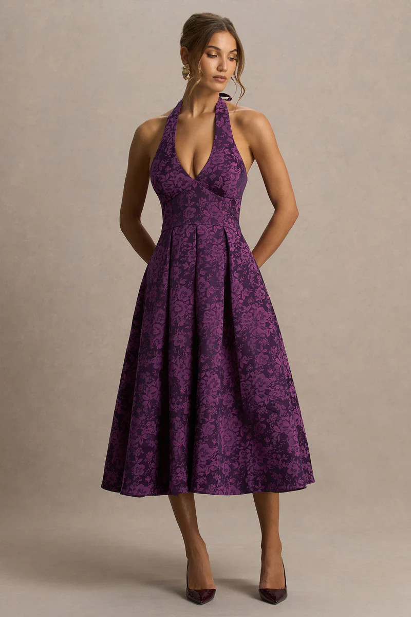 Isabeau | Purple Satin Plunge-Neck Midi Dress | Club L London