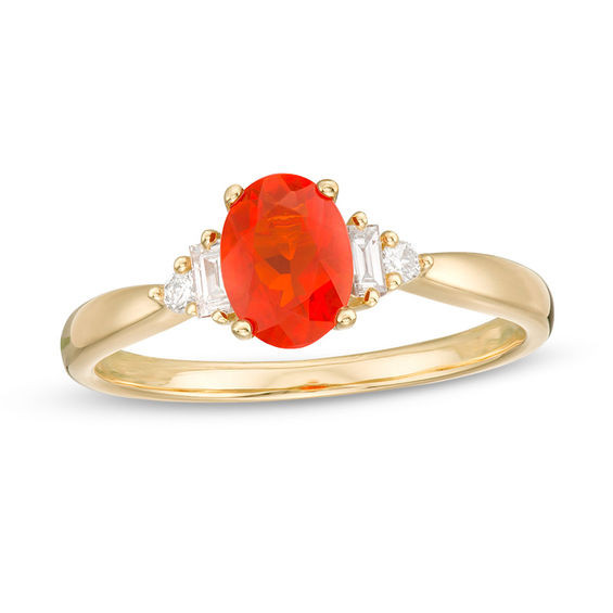 Oval Fire Opal and 1/10 CT. T.W. Baguette Diamond Ring in 14K Gold|Zales | Zales