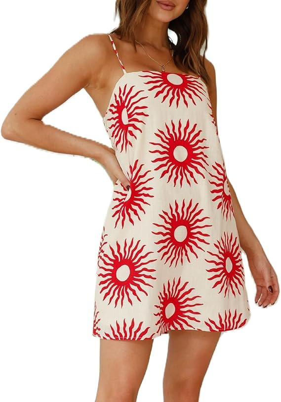 Women Graffiti Mini Cami Dress Spaghetti Strap Floral Boho Short Dress Flowy Sling Dress Summer H... | Amazon (US)