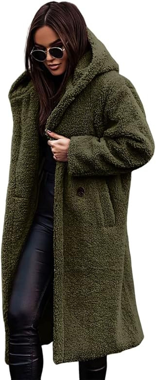 Akivide Women Winter Coat Hooded Fuzzy Fleece Warm Button Down Long Warm Outwear Jackets with Poc... | Amazon (US)