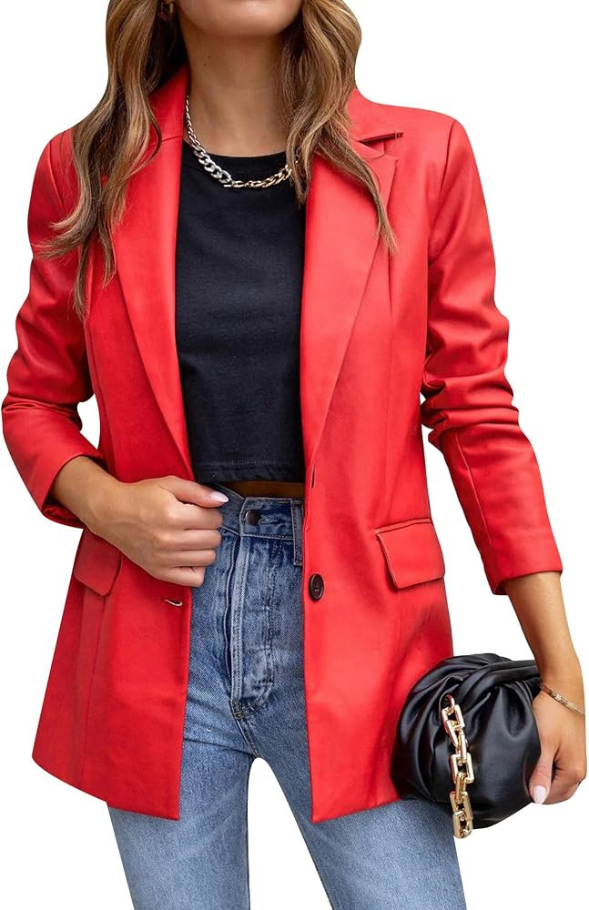 BOFETA Women's Long Sleeve Faux Leather Blazer Solid Color Lapel Neck Work Blazer Jacket Coat wit... | Amazon (US)