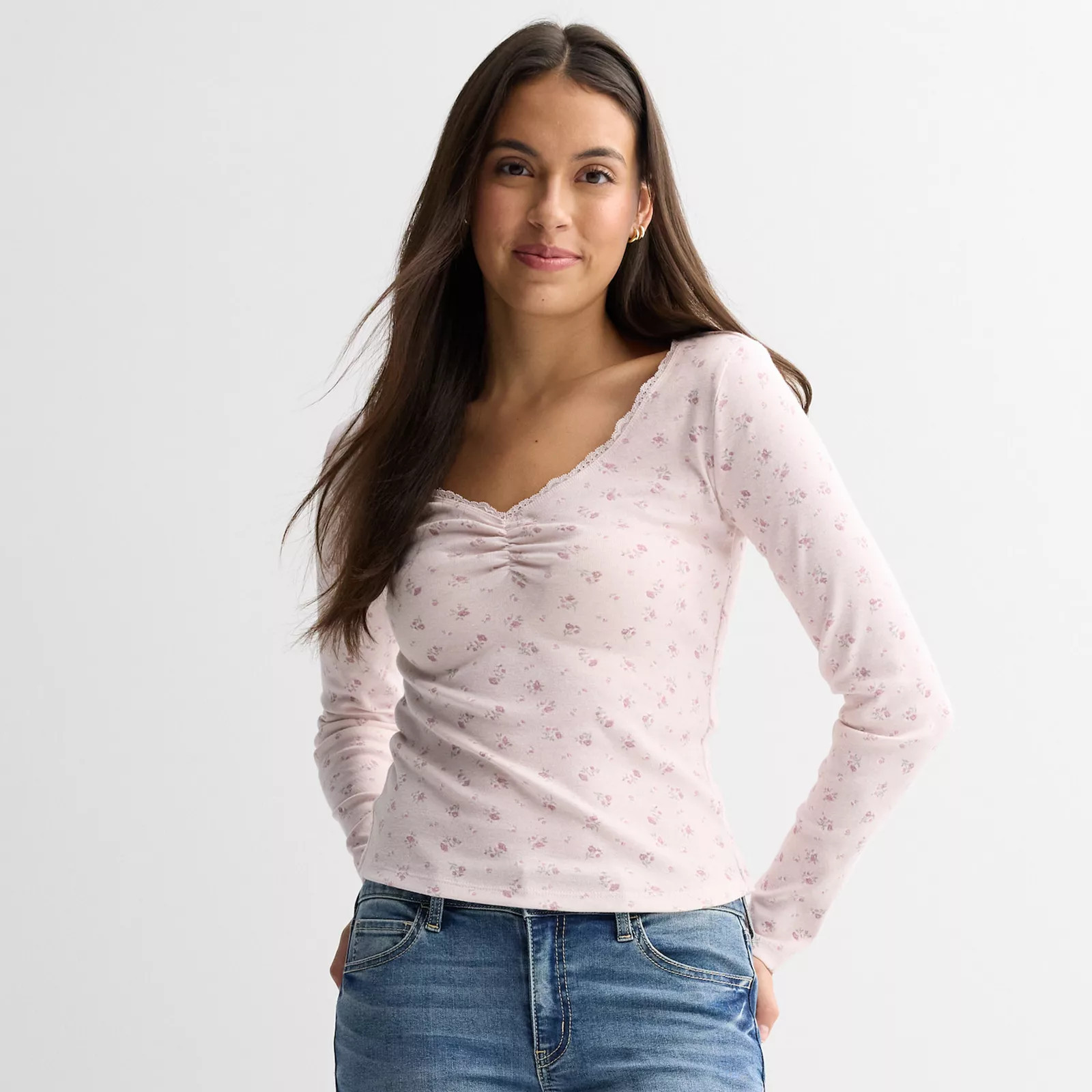 Juniors' Pink Republic Long Sleeve Cinch Top, Girl's, Size: Small, Pink Floral | Kohl's