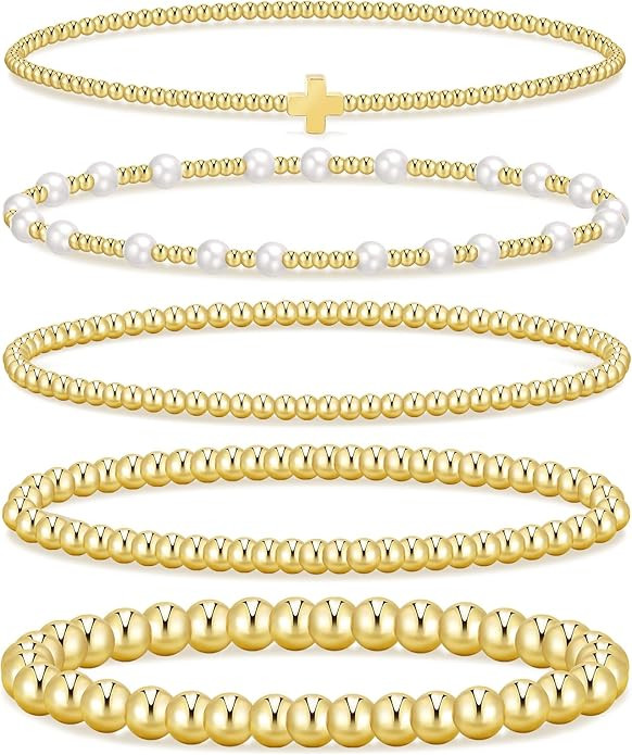 Gold Beaded Bracelets for Women, 14K Real Gold Plated Jewelry for Women Dainty Pearl Bead Bracele... | Amazon (US)