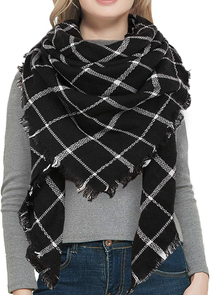 Warm Women Blanket Scarf Oversized Tassel Tartan Wrap Shawl Plaid Cozy Checked Pashmina | Amazon (US)