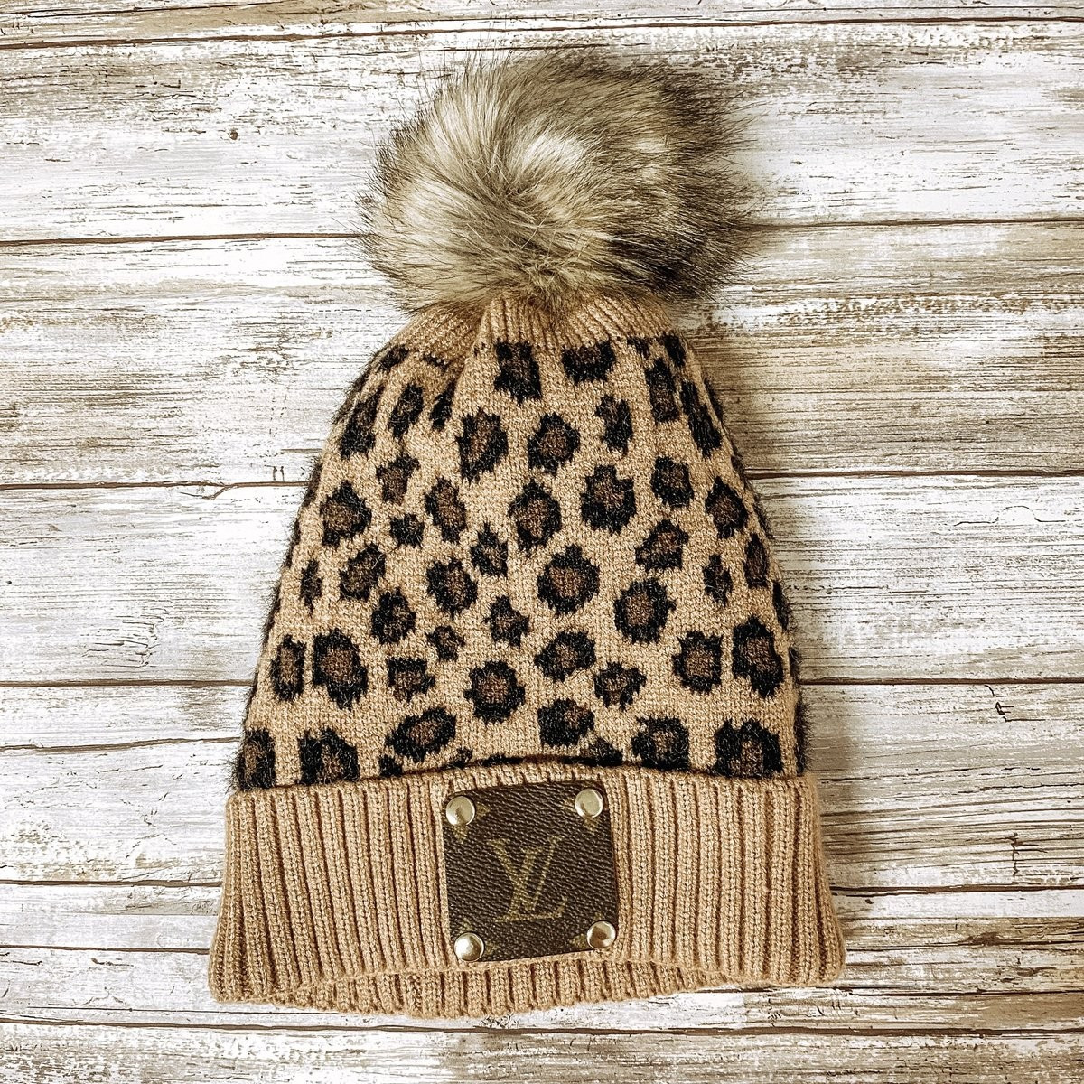Leopard Pom Pom Beanie with LV Monogram Patch | Sparkl