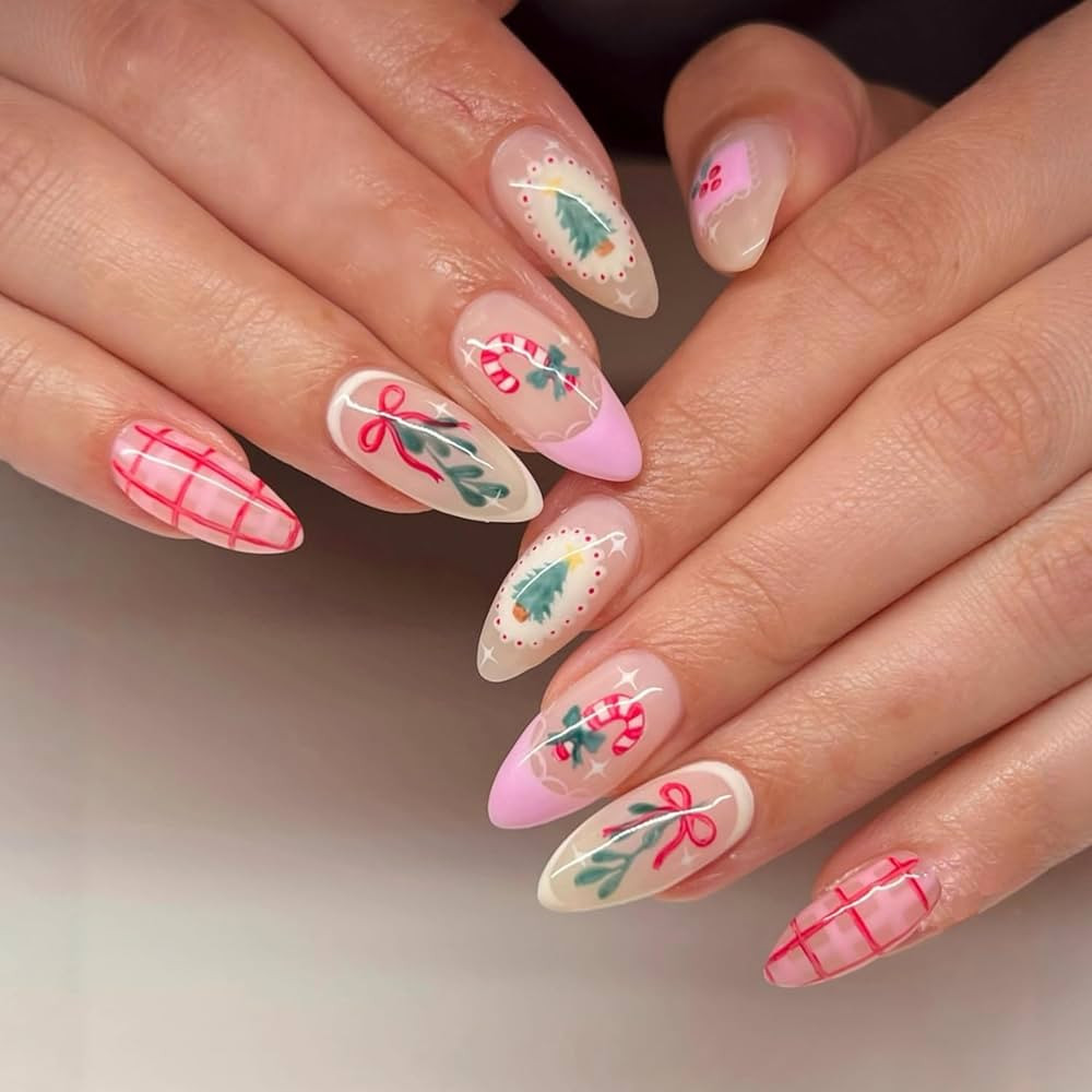Christmas Press on Nails Long French Tip Fake Nails with Bow Christmas Tree Designs False Nails F... | Amazon (US)