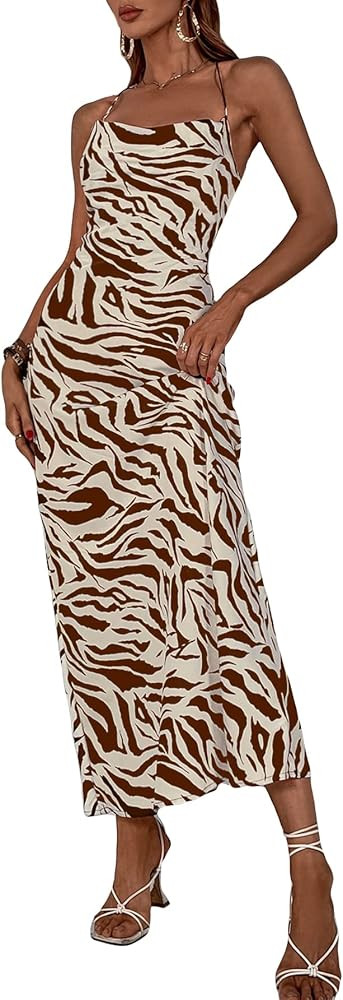 MakeMeChic Women's Zebra Striped Cowl Neck Criss Cross Tie Open Back Long Maxi Cami Dress | Amazon (US)