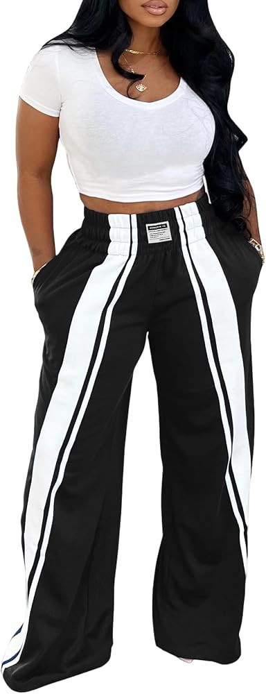 Voghtic Women's High Waisted Wide Leg Track Pants - Side Stripe Athletic Trousers with Pocket | Amazon (US)