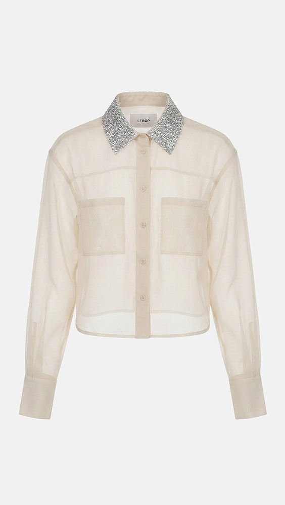 LE BOP Organza Cropped Buttondown with Embellished Collar Ivory XS | Shopbop