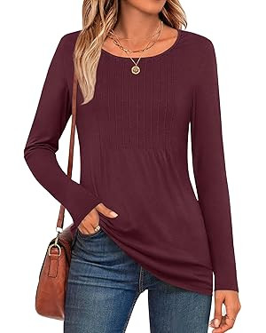 ANRABESS Women's Long Sleeve Shirts Crewneck Pleated Blouses Dressy Casual Fall Tunic Tops Loose ... | Amazon (US)