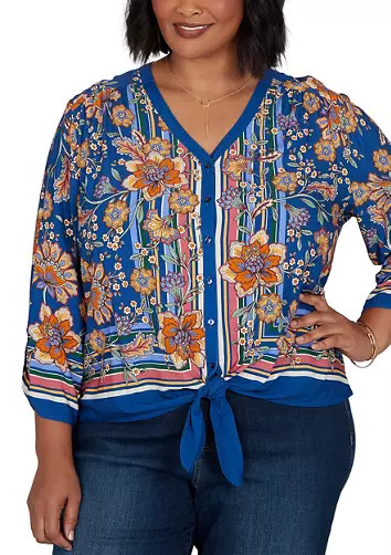 Plus Size Floral Vines Tied Button Front Blouse | Belk