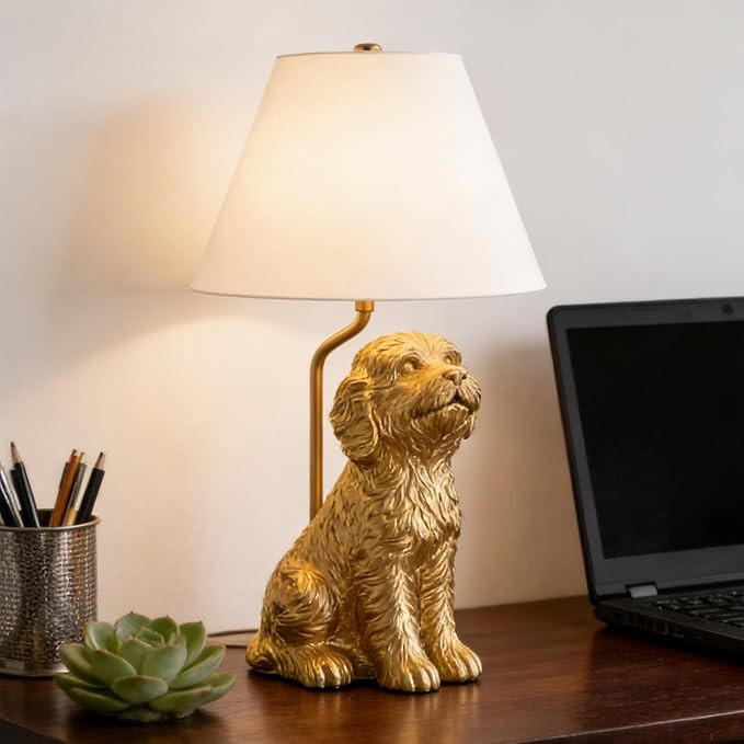Golden Doodle Dog Resin Table Lamp, 18.5 Inches Bedside Lamp with White Linen Shade, Cute Decorat... | Amazon (US)