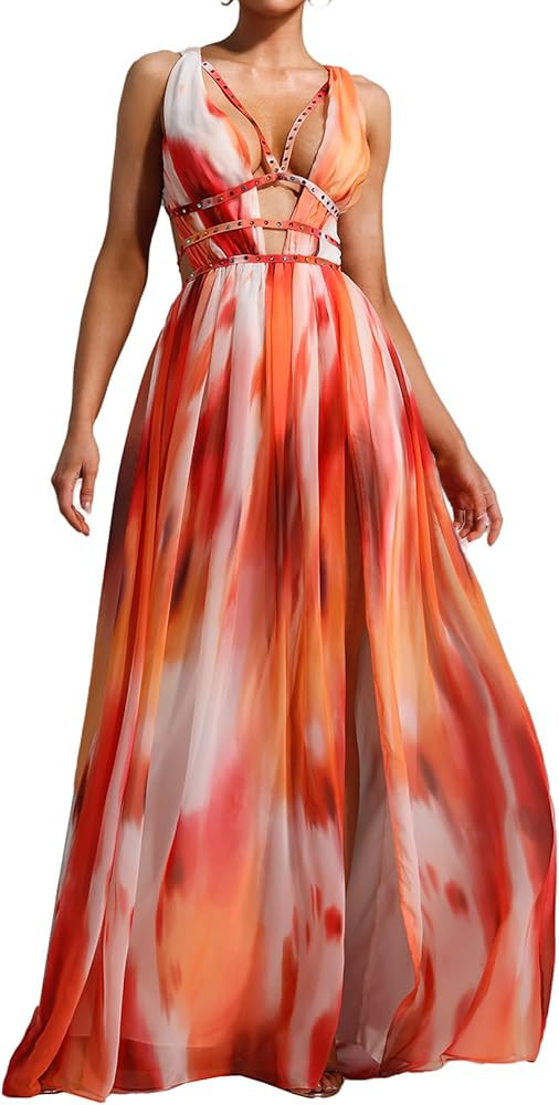 BELLA BARNETT Boho Dress Deep V Chiffon Dress Maxi Garden Party Dress Elegant Dress Loose Vacatio... | Amazon (US)