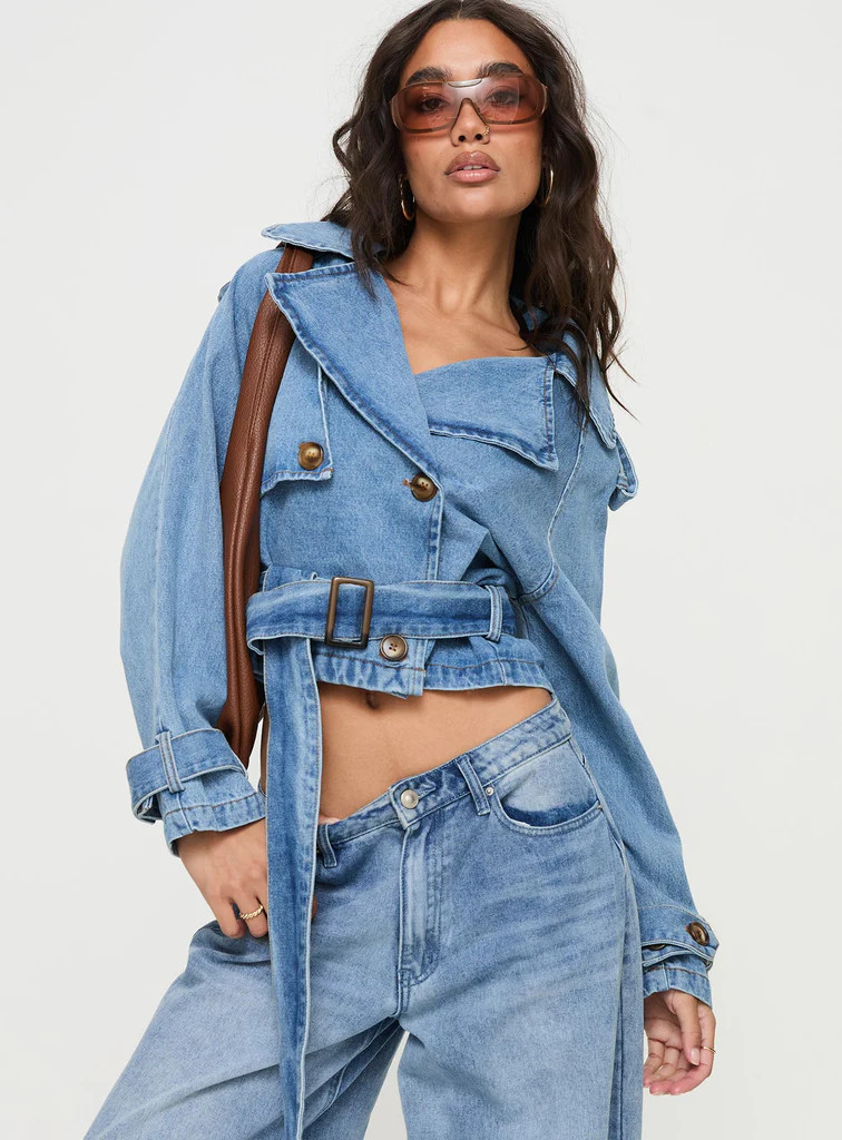 Aurelio Cropped Denim Trench Coat Light Denim Wash | Princess Polly US