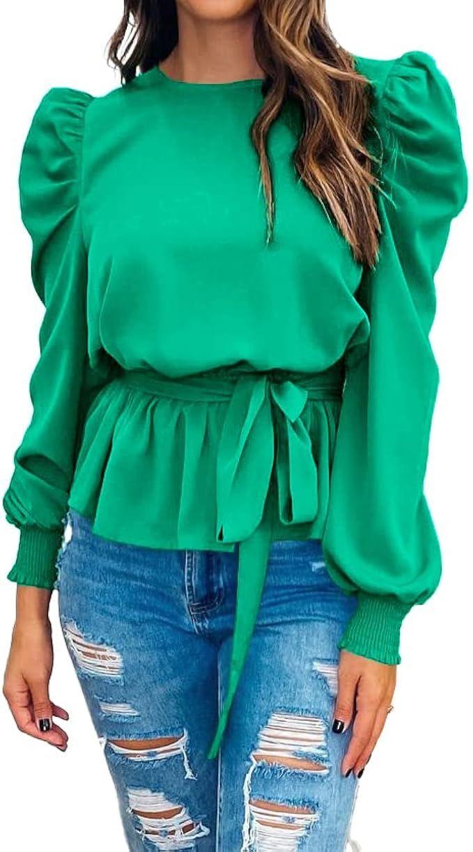 PRETTYGARDEN Women's Fashion Puff Long Sleeve Blouses Satin Tie Waist Peplum Work Blouse Dressy C... | Amazon (US)