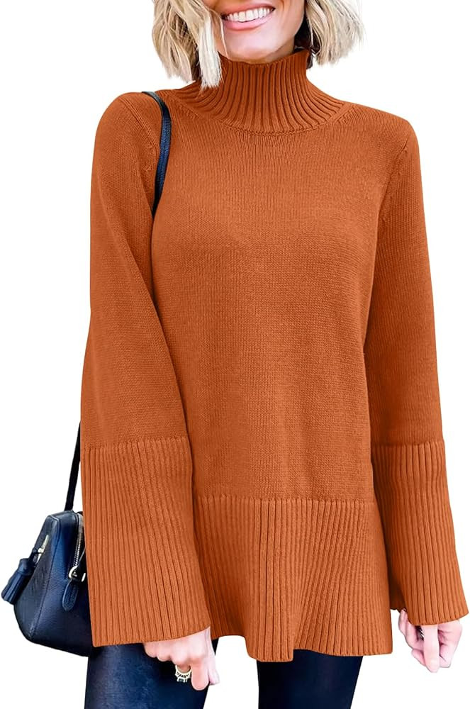 ANRABESS Womens Fall Sweaters Pullover Turtleneck Oversized Long Sleeve Split Hem Casual Knit Swe... | Amazon (US)