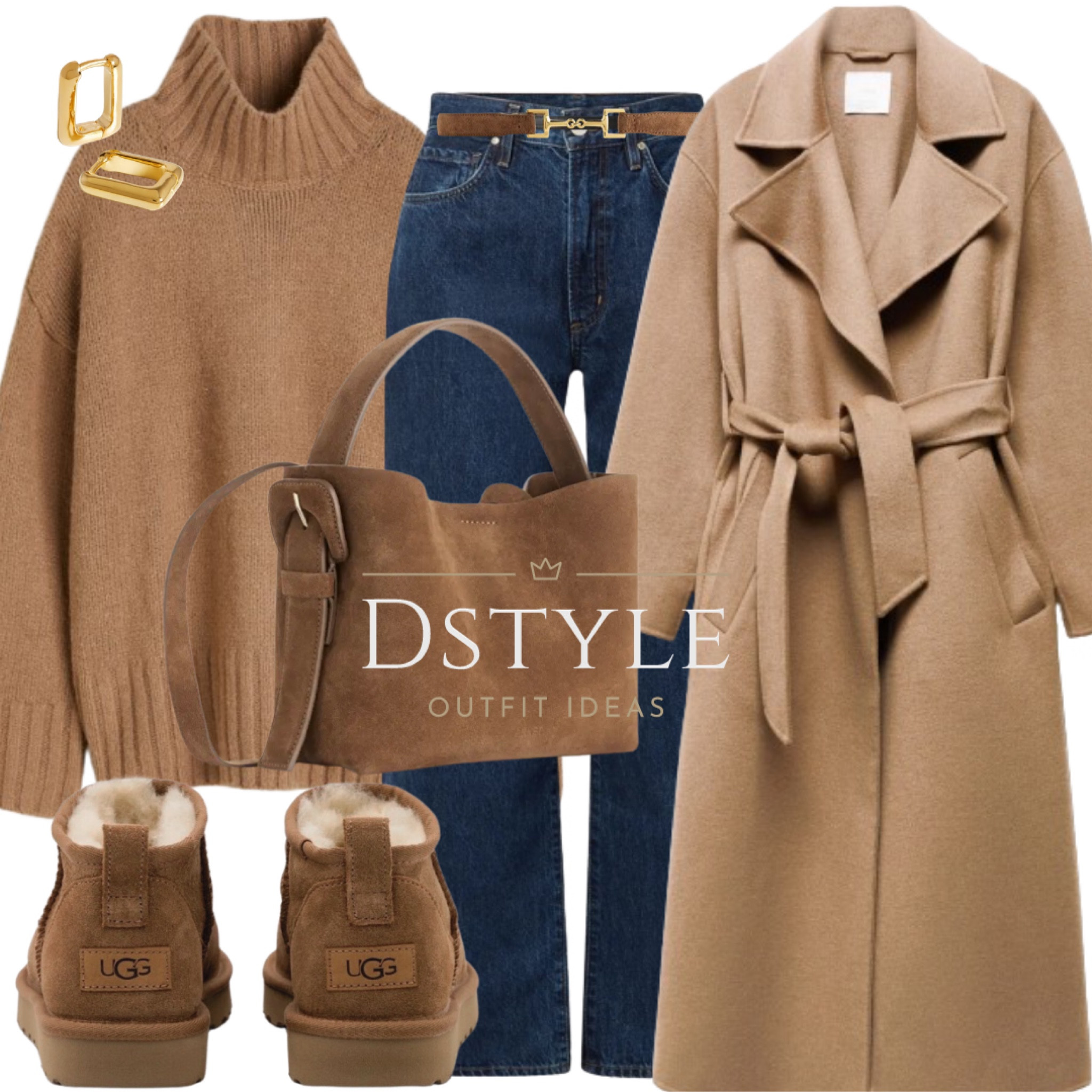 Winter warmth in earthy hues: Dark beige oversized turtleneck sweater, dark denim wide-leg jeans, a stylish brown woolen coat with a belt, paired with UGG Ultra Mini in chestnut, and a matching brown suede bag. ❄️👜 #CozyChic #WinterStyle

#LTKshoecrush #LTKstyletip #LTKfindsunder50