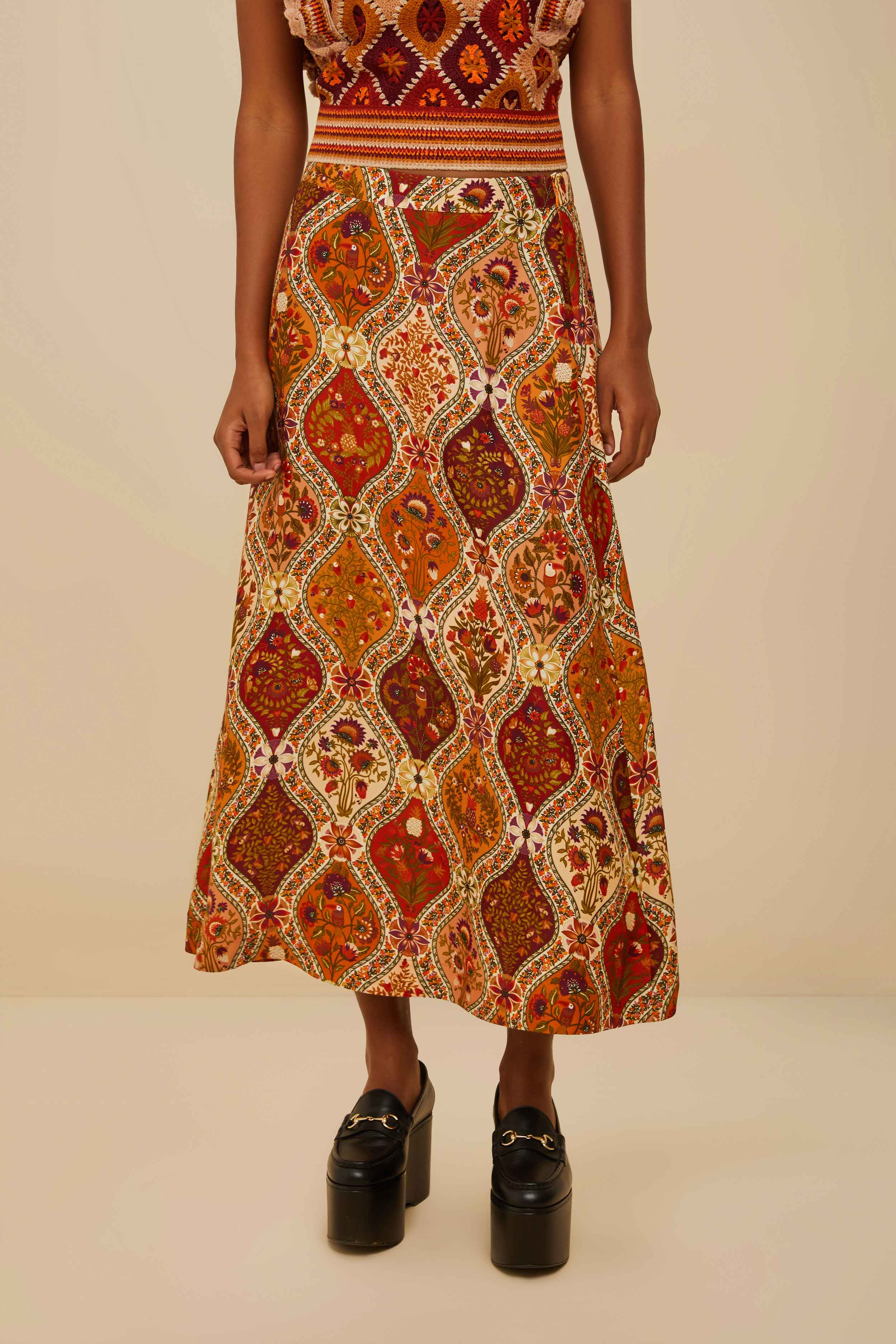 Multicolor Romantic Nature LENZING™ ECOVERO™ Viscose Midi Skirt | FarmRio (US)