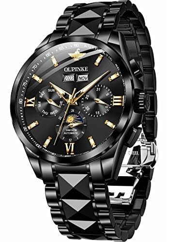 OUPINKE Mens Black Automatic Wrist Watches Tourbillon Skeleton Mechanical Luxury Dress Self Winding Waterproof Luminous Calendar Sapphire Crystal Diamond Tungsten Steel Best Gifts for Men Watch | Amazon (US)