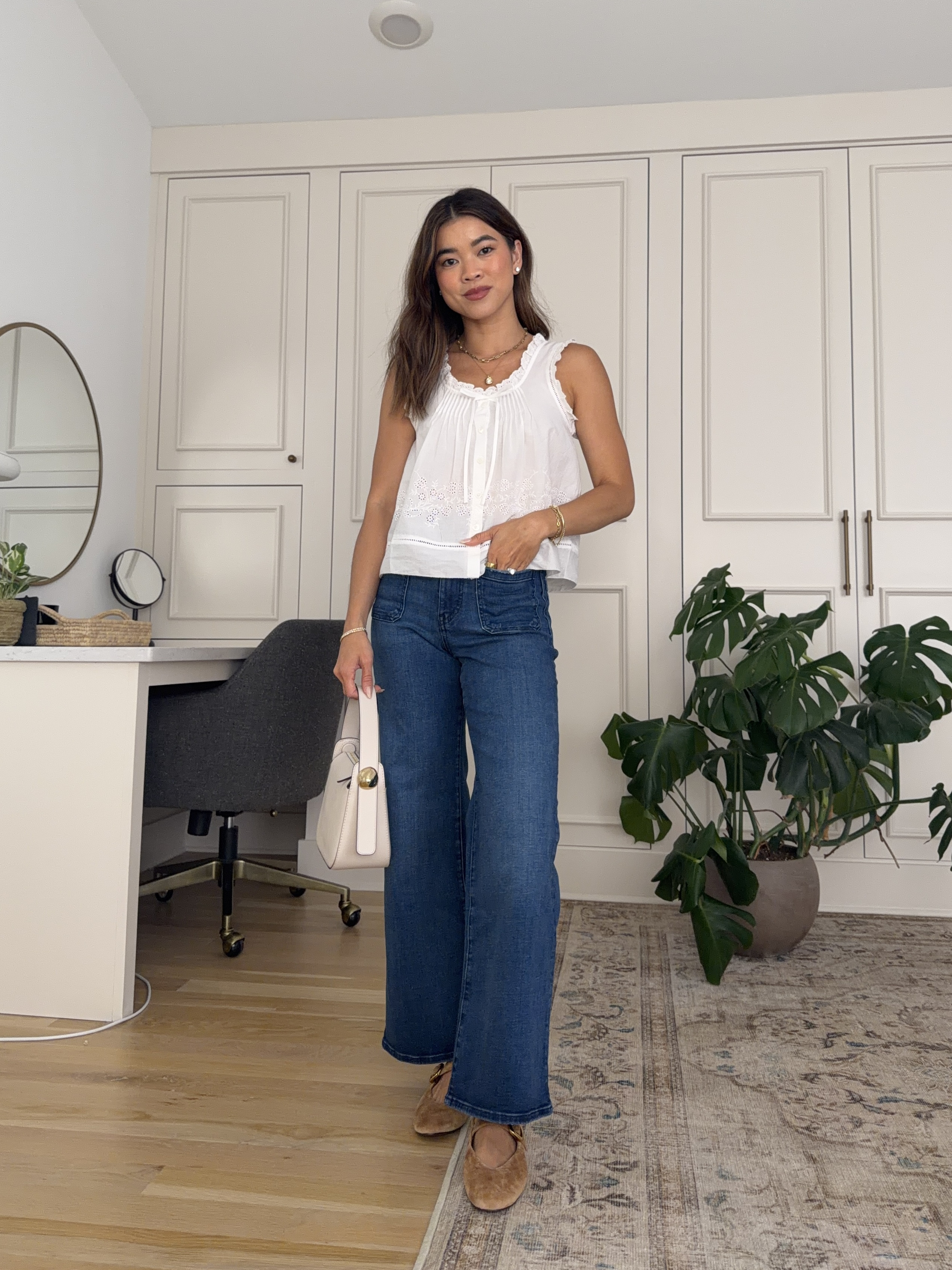 Summer date night outfit. I love how breezy this @Madewell top is.

Sizing info: 
•Madewell The Leah Top (Size XXS in White)
•Madewell The Petite Emmy Wide-Leg Jean (Size 24 Petite in Pelion Wash) •Madewell The Remy Mary Jane Flat (In Dried Acorn) 
•Madewell The Sculpted Metal Wristlet Bag (In Vintage Muslin)

Petite style, petite fashion, mom outfit, mom style, petite pants, petite outfit ideas, petite outfits, best pants for petite, petite denim, spring style, spring outfits, beach outfits, vacation outfits, wedding guest dress, summer outfit, madewell outfits, madewell jeans, madewell blouse, summer top,

#LTKootd #LTKSeasonal #LTKPetite