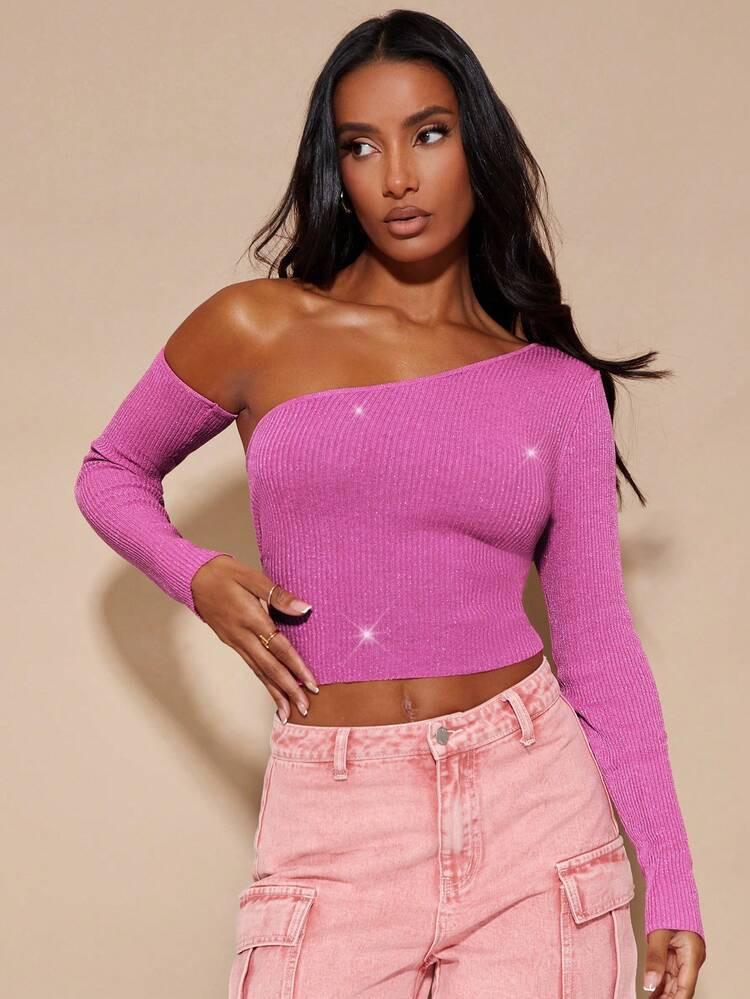 SHEIN BAE One Shoulder Crop Sweater With Arm Sleeve | SHEIN