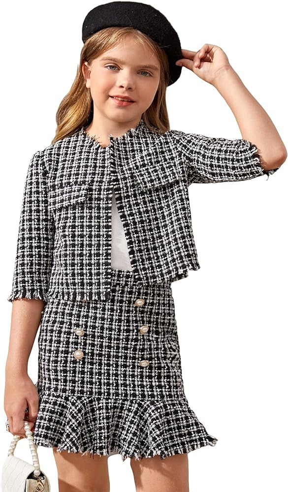 WDIRARA Girl's 2 Piece Outfits Plaid Tweed Half Sleeve Jacket and Ruffle Mini Skirt Set | Amazon (US)