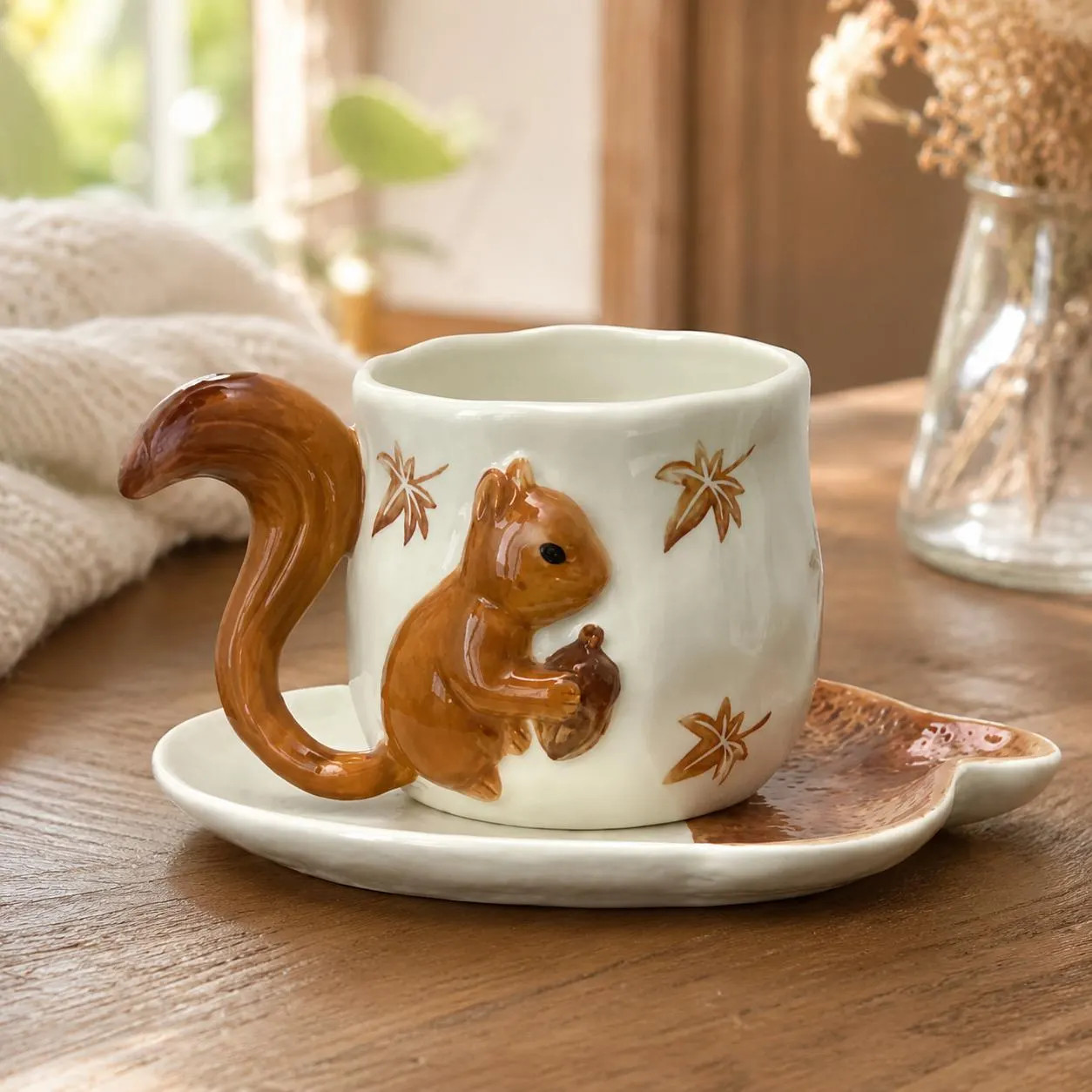 3D Squirrel Ceramic Mug and Saucer Set | Cute Autumn Leaf Coffee Cup with Squirrel Tail Handle | Forest Cottagecore Fall Gift | Etsy (Global)