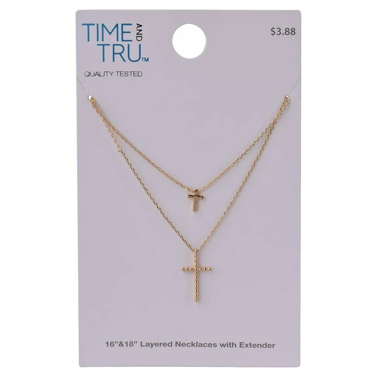 Time And Tru Women's Gold Tone Cross 2-Row Pendant Necklace - Walmart.com | Walmart (US)