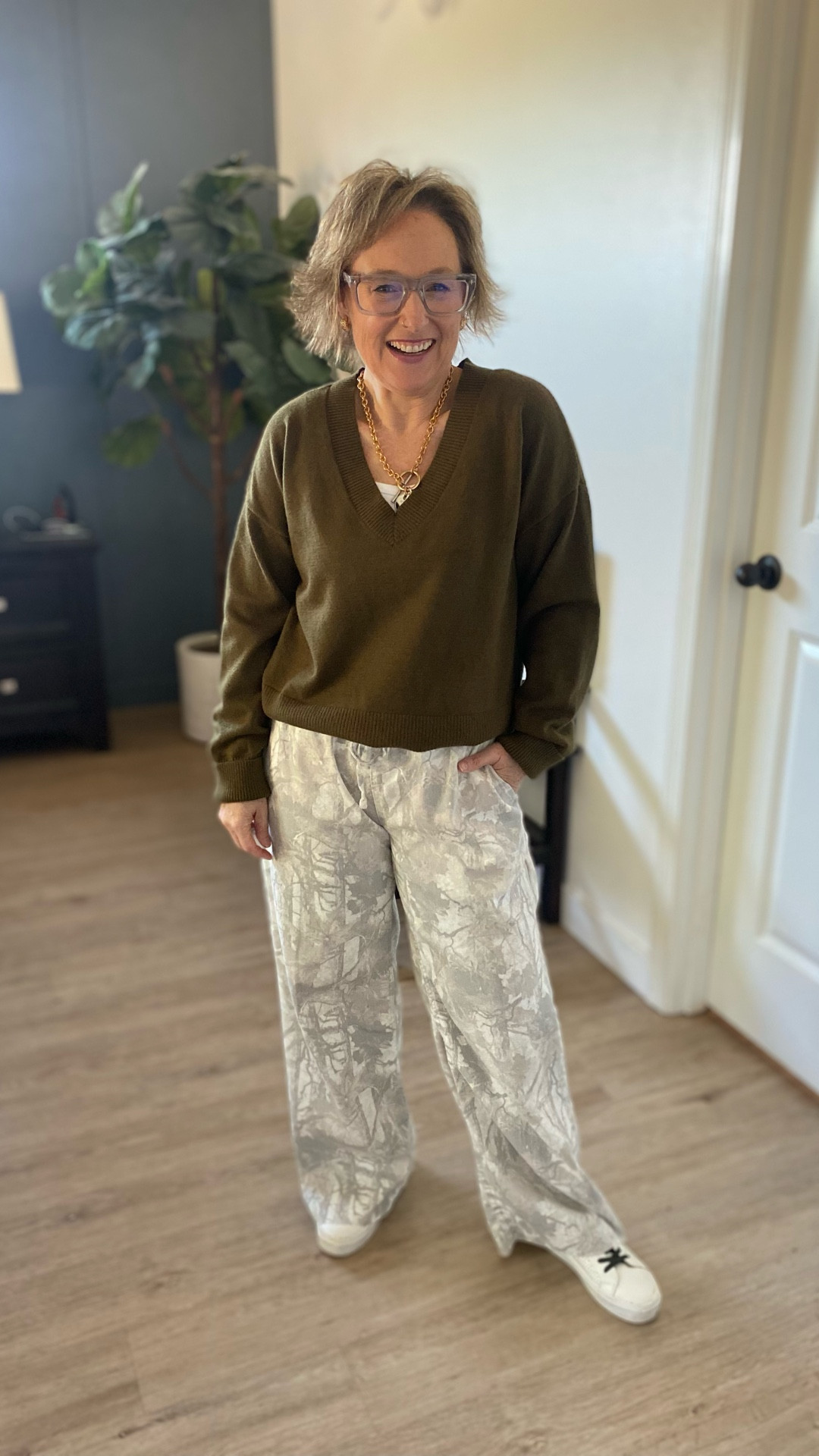 Maple 🍁 Leaf Camo pants and a v-neck Fall sweater styled 

#LTKSeasonal #LTKPetite #LTKStyleTip