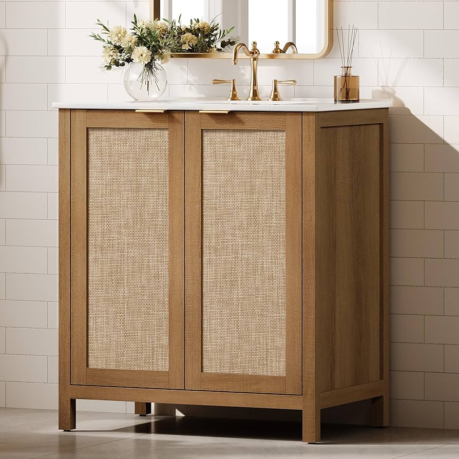 SICOTAS 30" Rattan Bathroom Vanity with Ceramic Sink, Farmhouse Boho Bathroom Vanity Cabinet with... | Amazon (US)