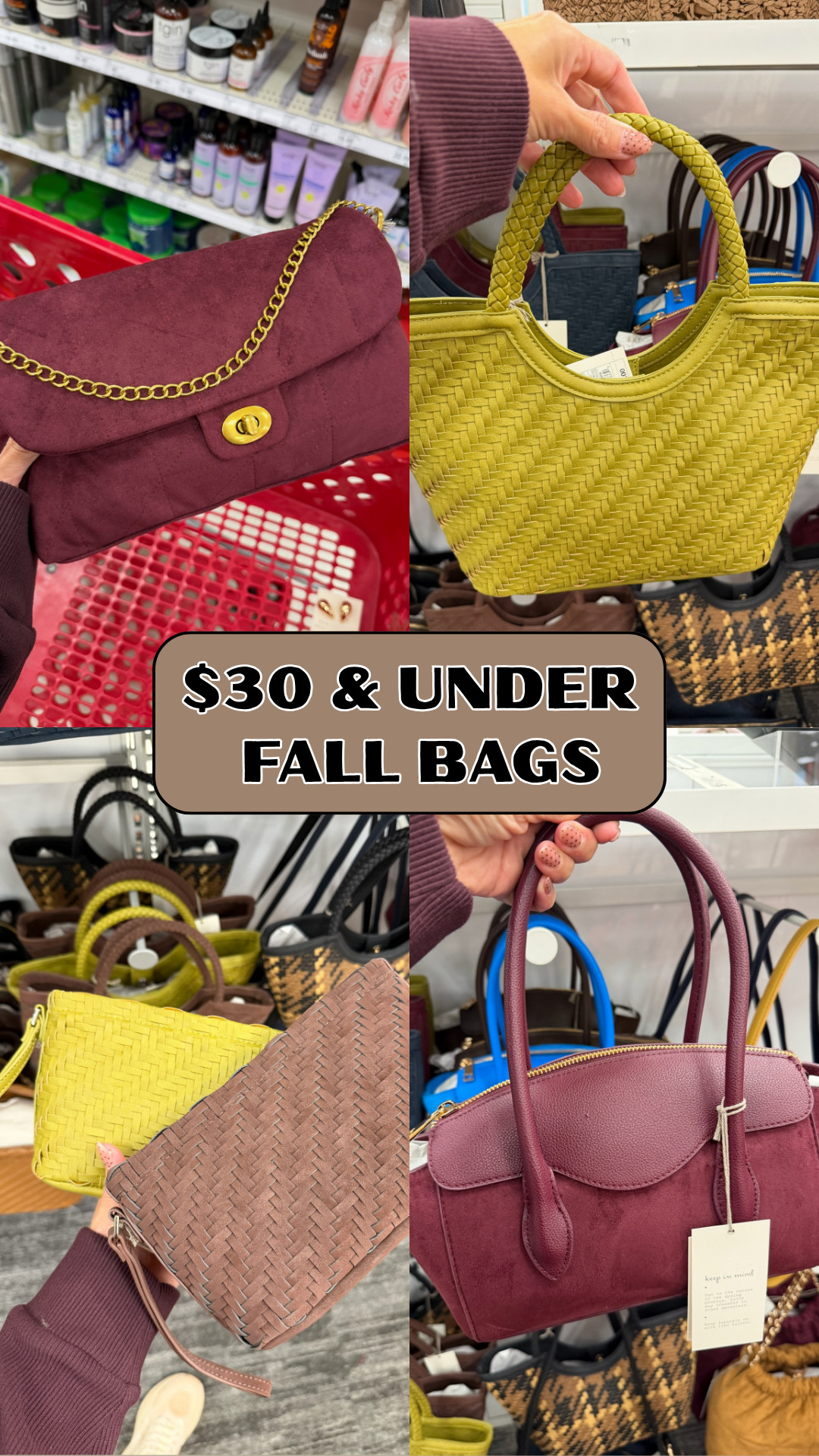 Fall bags for $30 & under🤎 So many cute colors + textures that feel perfect for the season!





fall outfits women, fall bags, affordable handbags, bags under $30, fall accessories, affordable fashion, woven bags, shoulder bags, crossbody bags, fall fashion finds, target, budget friendly fashion, carla.bushey 

 #LTKootd #LTKSeasonal