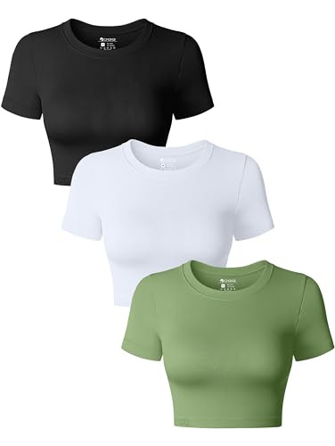 OQQ Camiseta corta de 3 piezas para mujer, cuello redondo, manga corta, elástica, ajustada, para... | Amazon (US)