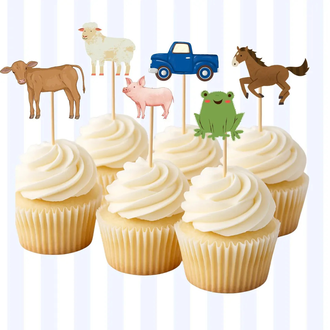 Blue Truck Cupcake Toppers | Watercolor Farm Birthday Decor | Classic Country Party Picks | Etsy (US)